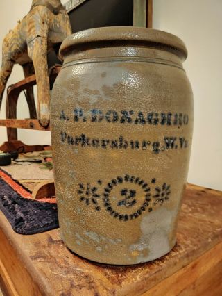 A P Donaghho Parkersburg W.  Va.  2 Gallon Stoneware Jar.  Blue Cobalt Decorated