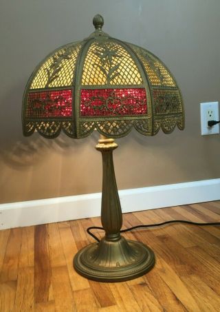 Vintage Antique Bradley & Hubbard Slag Glass Lamp Textured Red Nouveau