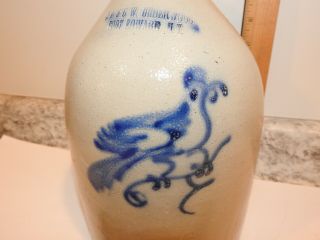 Antique Cobalt Blue Bird Decorated Stoneware Jug Folk Art Primitive Ft Edward Ny