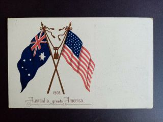 Stunning Vintage 1908 Postcard Australia Greets America With Usa Flag