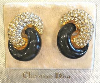 Vintage Christian Dior Black Enamel And Crystal Clip On Earrings