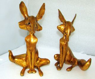 Pair Vintage Lg Gold Fox Figurines Freeman & Mcfarlin Anthony California Pottery