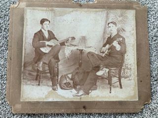 Old Photo Two Men Playing Parlor Guitar And Banjo 1890 