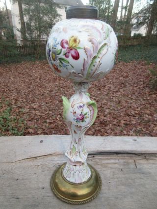 Antique Meissen Porcelain Oil Lamp 16 " Floral & Butterflies With Metal Base