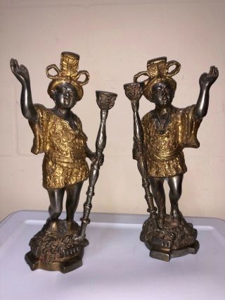 Vintage Antique 2 Pair Heavy Bronze Metal Blackamoor Statue Candle Holders