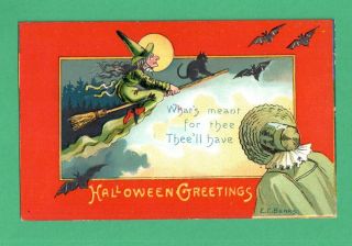 Vintage E.  C.  Banks Halloween Postcard Lady Witch Broom Black Cat Bats Moon