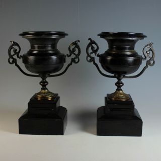 Set Of Antique French Bronze And Marble Garnitures Urns Black Marble