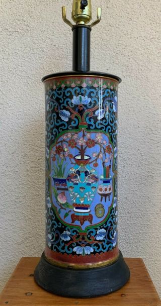Antique Large Chinese Gilt Cloisonne Cylindrical Vase & Fitted Electricity Lamp