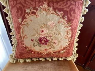 Antique 19th C French Aubusson Needlepoint Pillow Wool Flowers Velvet Feathers