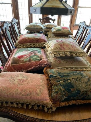 Antique 19th C French Aubusson Needlepoint Pillow Wool Flowers Velvet Feathers 2