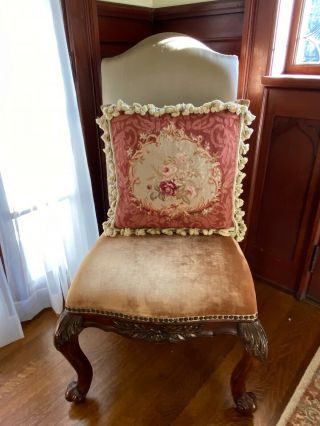 Antique 19th C French Aubusson Needlepoint Pillow Wool Flowers Velvet Feathers 3