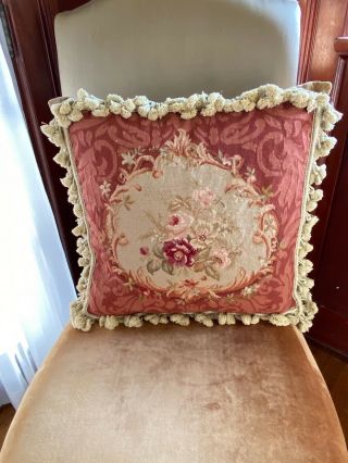 Antique 19th C French Aubusson Needlepoint Pillow Wool Flowers Velvet Feathers 4
