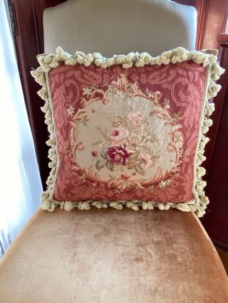 Antique 19th C French Aubusson Needlepoint Pillow Wool Flowers Velvet Feathers 6