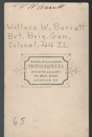 Civil War CDV Union Colonel & BBG Wallace W Barrett 44th Illinois Vols 2