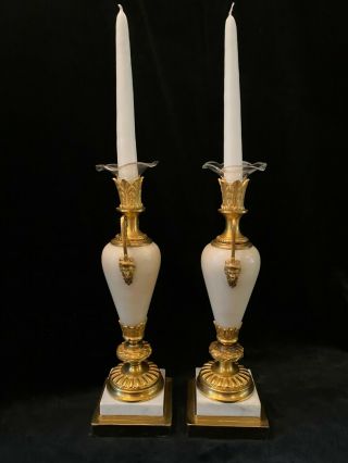 Antique French White Marble and Gilt Bronze Ormolu Candlesticks 4