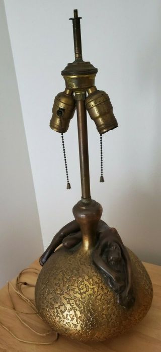 Vtg Art Deco Figural Nude Nymph Lamp Olive Kooken Bronze Finish Armor