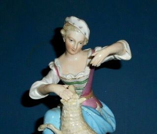 Antique Meissen Porcelain Figurine Maid With Lamb 19th Century Crossed Swords