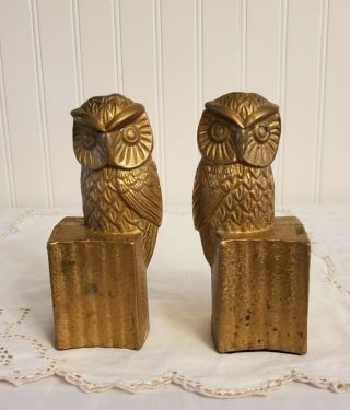 Vintage Brass Set Of Wise Owl Bookends Perched On Set Of Books 6” High