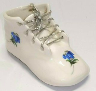 Porcelain Baby Shoe Blue Flower Floral Design And Sivler Tie Figurine