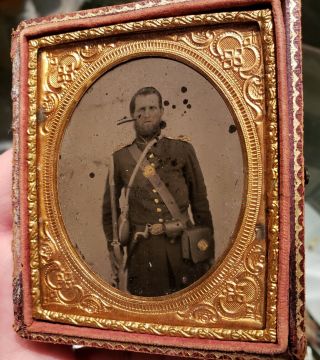 Armed Union Civil War Tintype W/ Canteen Sixth Plate Image In Half Case