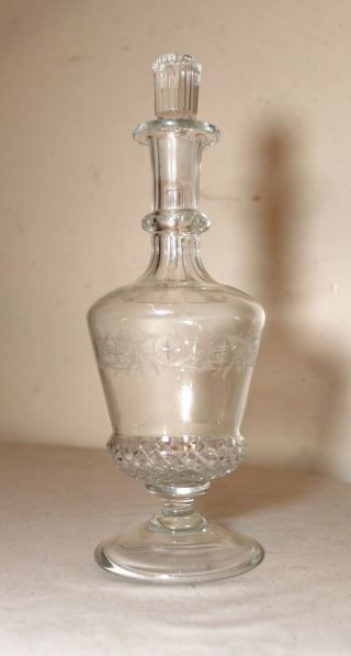 Elaborate Antique Clear Cut Engraved Crystal Perfume Cologne Scent Glass Bottle