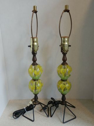 Pair Vintage St.  Clair 2 Tier Paperweight Art Glass & Wire Table Lamps 20 1/2 "