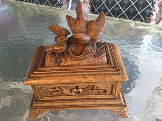 Antique German Black Forest Carved Nesting Birds Jewelry Box Tufted Red Silk
