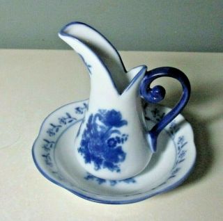 Small Cobalt Blue And White Pitcher And Wash Basin Pretty Floral Design