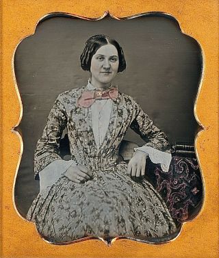 Smiling Pretty Young Lady Wearing Pink Tinted Bow 1/6 Plate Daguerreotype G425