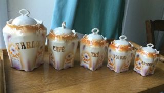 Antique French Porcelain Art Nouveau Canister Set Victorian Ceramic Orange