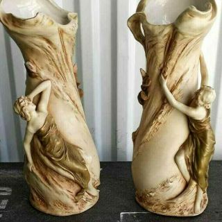 Antique Art Nouveau Royal Dux Porcelain Vases,  Couple,  15.  75 " H.