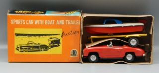 Vintage Sss Shioji Japan Tiny Giant Tin Toy Sports Car W/ Boat & Trailer