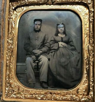 6th Plate Size Tintype Of A Civil War Soldier & Wife Full Case