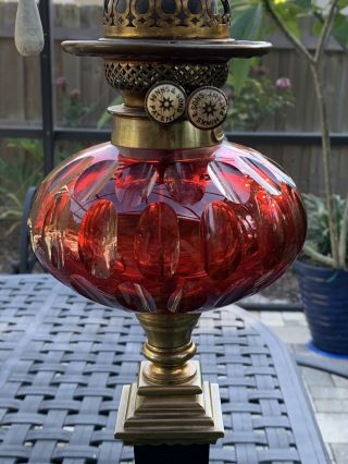 Antique Hinks & Son’s Brass Baccarat Ruby Victorian Corinthian Column Oil Lamp