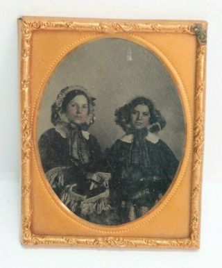 Antique Old 1800s Tintype Photo Two Women With Ornate Hats And Dresses