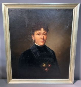 Lg 19thc Antique Victorian Era Lady Portrait Old Pa Estate Oil Painting & Frame