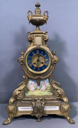 Lg Ca.  1900 Antique French Old Paris Figural Ormolu Cherub Painted Mantel Clock