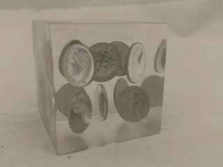Vintage 1960s 1970s Floating Dimes Coins Money Clear Lucite Acrylic Paperweight
