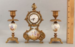 Antique 19thc Miniature French Hand Painted Porcelain Gilt Bronze Clock Urns Set