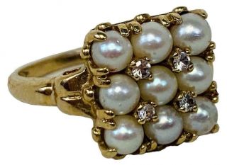 Vintage Estate Mid Century Modern Pearl Diamond Cluster 10k Gold Ring Size 5.  75