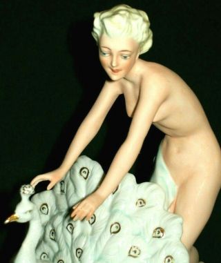 Antique German Dresden Kister Art Deco Sexy Lady With Peacock Porcelain Figurine