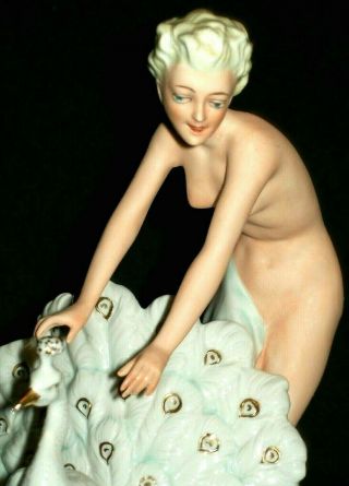 ANTIQUE GERMAN DRESDEN KISTER ART DECO SEXY LADY WITH PEACOCK PORCELAIN FIGURINE 2