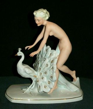ANTIQUE GERMAN DRESDEN KISTER ART DECO SEXY LADY WITH PEACOCK PORCELAIN FIGURINE 3