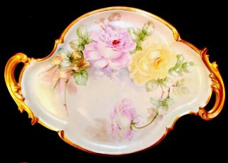 Antique Limoges France Hand Painted Roses Large 17 " Handled Tray Charger Dish