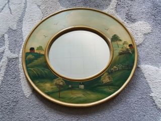Antique Folk Art Country Scene Hand Painted Oval Mirror Vintage