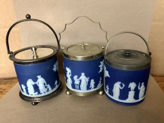 3 Antique Wedgwood Cobalt Blue Jasperware Biscuit Barrels,  As Found