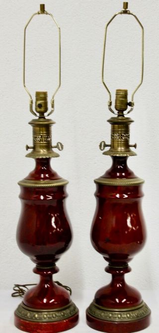 Pair Vintage French Oxblood Porcelain Lamps Mounted In Bronze Sang De Boeuf