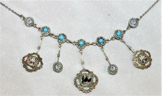 Estate Fine Mid 1800s Antique 800 Silver Micro Mosaic Turquoise Festoon Necklace