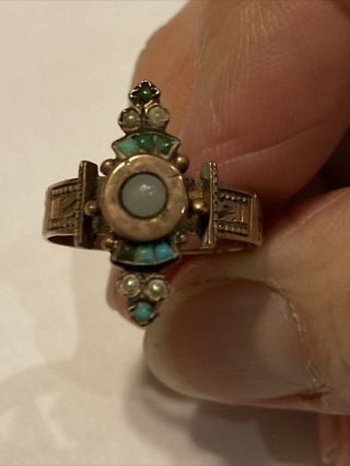 Vintage Art Deco 10k Rose Gold Seed Pearl & Turquoise Ring Sz 6.  25 “oct 24.  84”