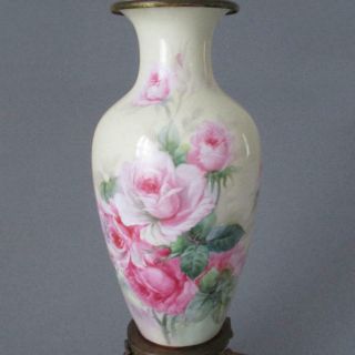 Antique 29 " Hand Painted Limoges Porcelain,  Gilt Brass Lamp Gorgeous Pink Roses